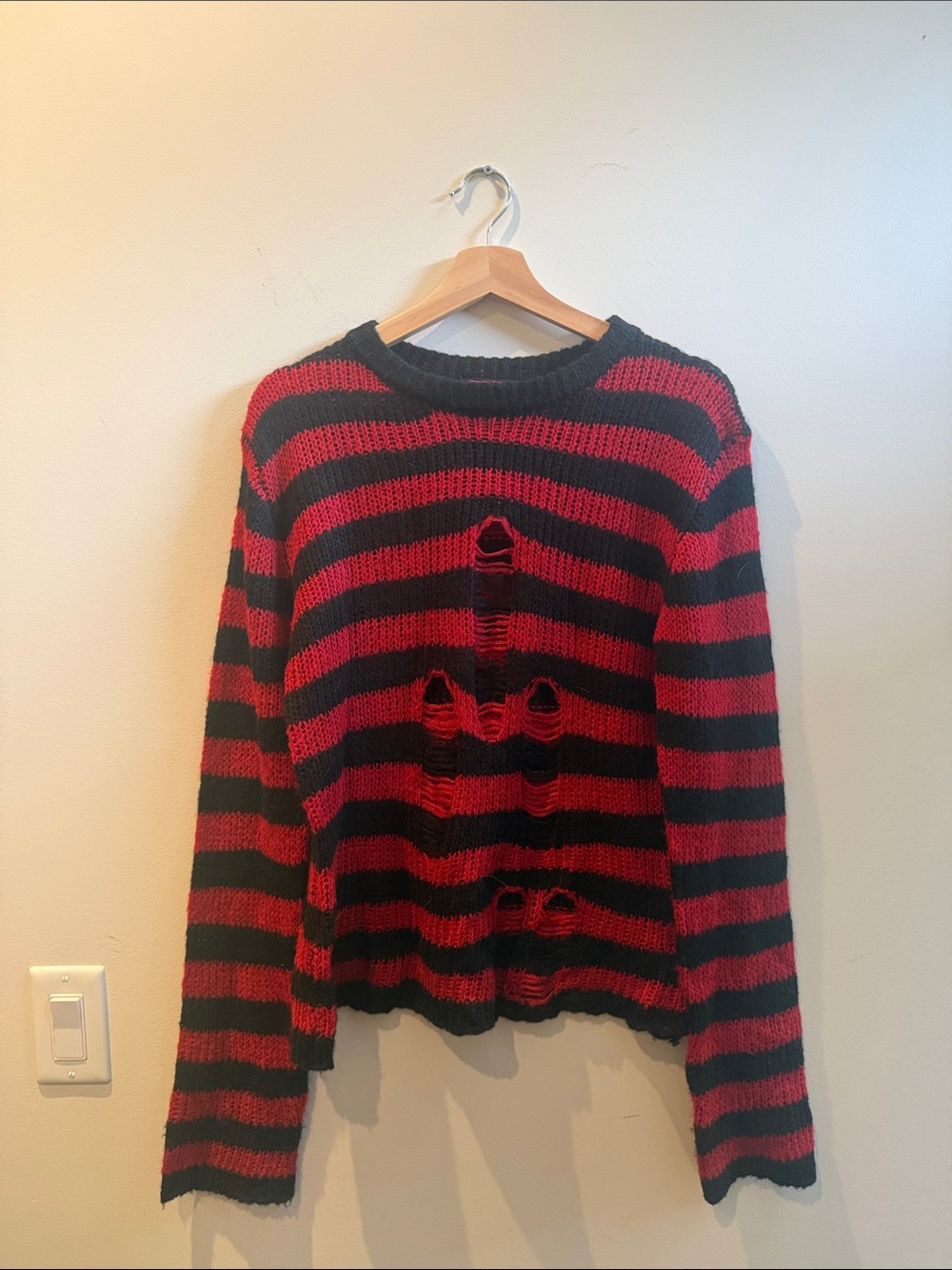 Tripp NYC Red and Black Distressed Striped Crewneck Sweater